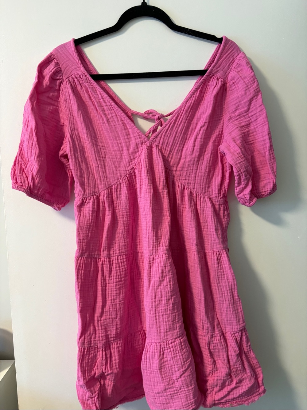 aerie Hot Pink Cotton Gauze V-Neck Tie-Back Mini Dress